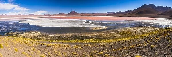 Laguna Colorada (Red Lagoon), a salt lake in the Altiplano of Bolivia in Eduardo