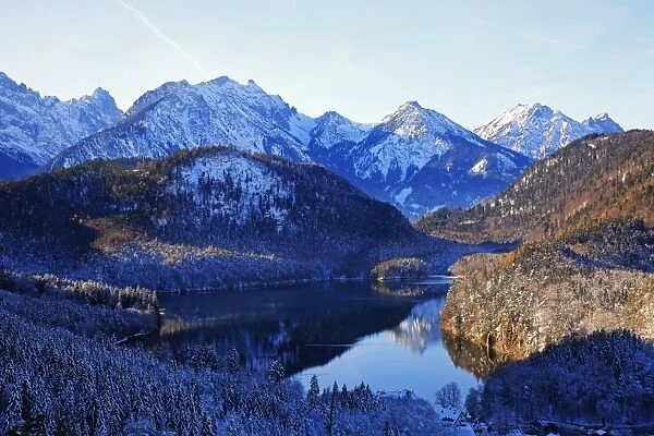 Lake Alpsee near Hohenschwangau and Tannheimer Alps, Allgau, Bavaria, Germany, Europe
