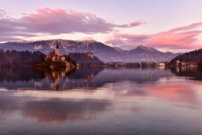 Framed Print : Lake Bled at sunset with Santa Maria Church (Church of Assumption), Gorenjska, Julian Alps Framed Print : Lake Bled at sunset with Santa Maria Church (Church of Assumption), Gorenjska, Julian Alps