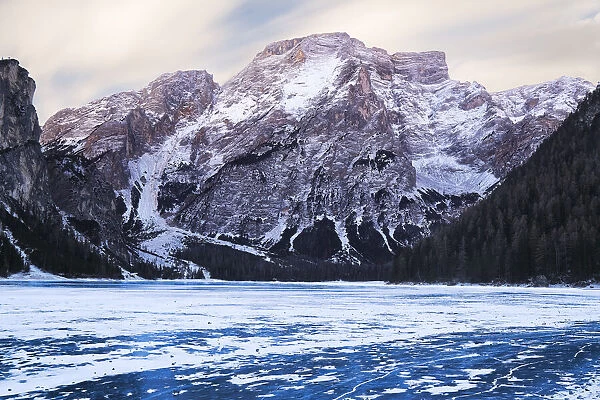 Lake Braies in the Italian dolomites completely frozen, Braies, Trentino-Alto Adige