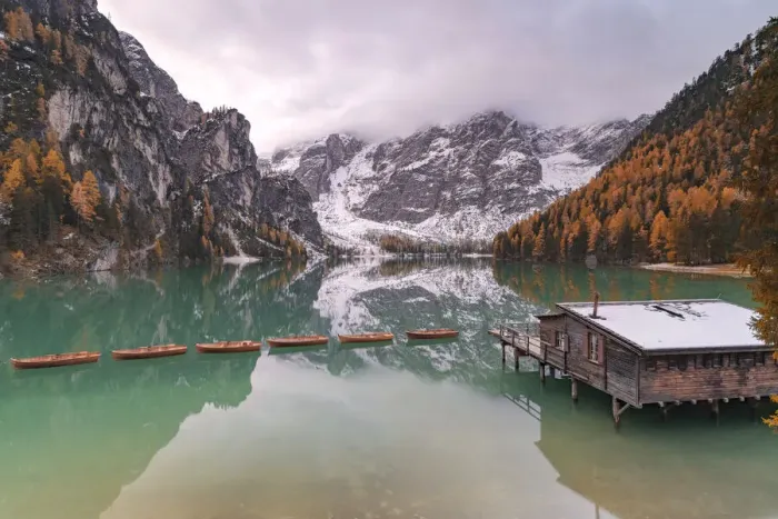 Framed Print : Lake Braies (Pragser Wildsee) framed by colorful woods in autumn, Braies (Prags) Framed Print : Lake Braies (Pragser Wildsee) framed by colorful woods in autumn, Braies (Prags)