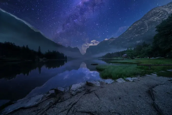 Framed Print : Lake Dobbiaco by night in summer, Sud Tirol, Italy, Europe Framed Print : Lake Dobbiaco by night in summer, Sud Tirol, Italy, Europe