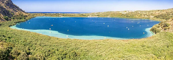 Lake Kournas surrounded by green plants, Georgioupolis, Chania, Crete, Greek Islands