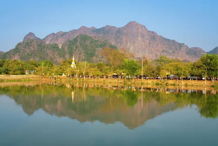 Framed Print : Lake by Kyaut Ka Latt Pagoda and mountain, Hpa-An, Myanmar (Burma), Asia Framed Print : Lake by Kyaut Ka Latt Pagoda and mountain, Hpa-An, Myanmar (Burma), Asia