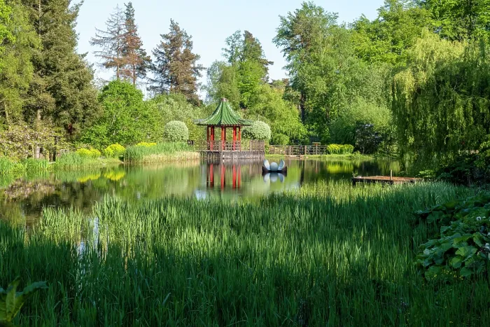 Framed Print : Lake and pavilion in the exotic Himalayan Gardens and Sculpture Park, Yorkshire, United Kingdom Framed Print : Lake and pavilion in the exotic Himalayan Gardens and Sculpture Park, Yorkshire, United Kingdom