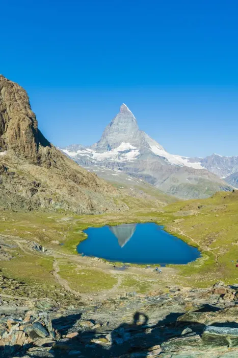 Framed Print : Lake Riffelsee with the Matterhorn in the background, Zermatt, canton of Valais, Swiss Alps Framed Print : Lake Riffelsee with the Matterhorn in the background, Zermatt, canton of Valais, Swiss Alps