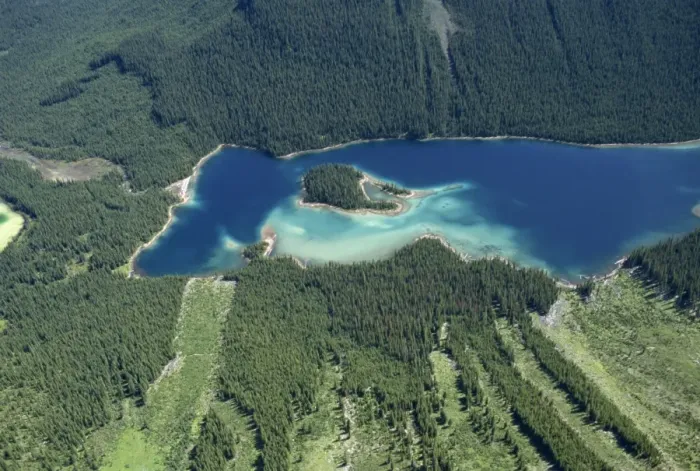 Framed Print : Lake in Rocky Mountains near Banff, with avalanche damage visible in bottom half of picture Framed Print : Lake in Rocky Mountains near Banff, with avalanche damage visible in bottom half of picture
