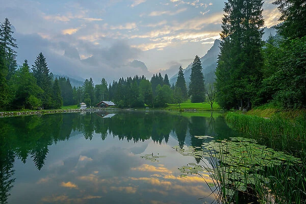 Lake Welsperg at sunrise, Canali Valley, Dolomites, Trentino, Italy, Europe
