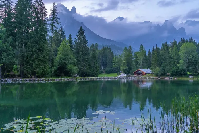 Framed Print : Lake Welsperg at sunset, Canali Valley, Dolomites, Trentino, Italy, Europe Framed Print : Lake Welsperg at sunset, Canali Valley, Dolomites, Trentino, Italy, Europe