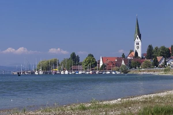 Lakeside with church and harbour with sailing boats, Sipplingen, Lake Constance (Bodensee), Baden Wurttemberg, Germany, Europe