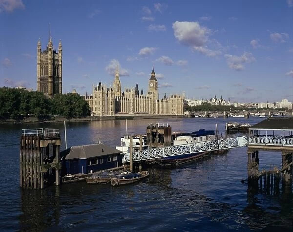 Lambeth Pier, River Thames and Houses of Parliament, London, England, United Kingdom