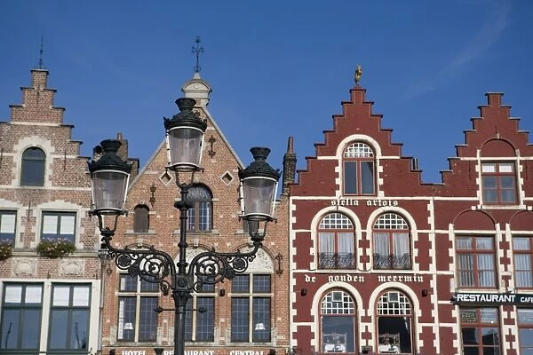Lamp and facades, Main square, Markt, Bruges, Belgium, Europe