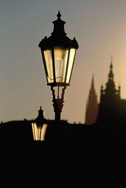 Lamp post at sunset, Prague, Czech Republic, Europe