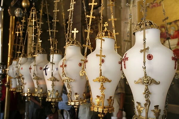 Lamps over the Stone of the Anointing, Church of the Holy Sepulchre, Jerusalem, Israel