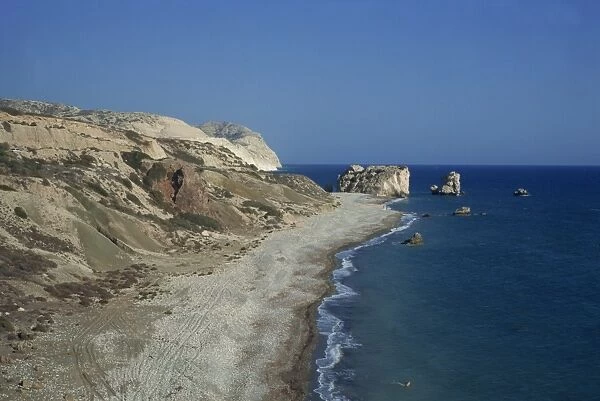 Landscape of coastline with Aphrodites rock and birthplace, Petra tou Romiou in south