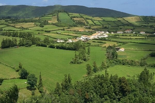 Landscape of fields and small village on the island of Faial