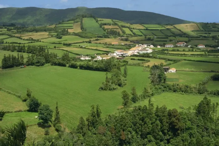 Framed Print : Landscape of fields and small village on the island of Faial Framed Print : Landscape of fields and small village on the island of Faial