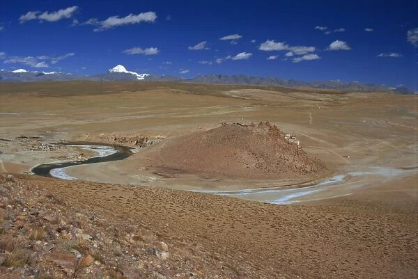 Landscape including Chiu Gompa beside Lake Manasarovar on the Barga plain with Mount Kailas