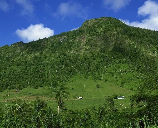 Landscape of lush vegetation and small houses in the interior of the island near Le Mafa Pass