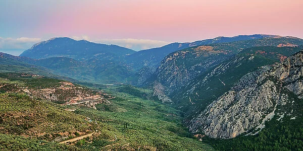Landscape of the Pleistos River Valley at dusk, Delphi, Phocis, Greece, Europe