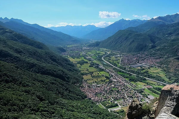 Landscape from the Sacra di San Michele, (Saint Michael's Abbey), a religious complex on Mount Pirchiriano, on south side of the Val di Susa, municipality of Sant'Ambrogio di Torino, Metropolitan City of Turin, Piedmont, Italy, Europe