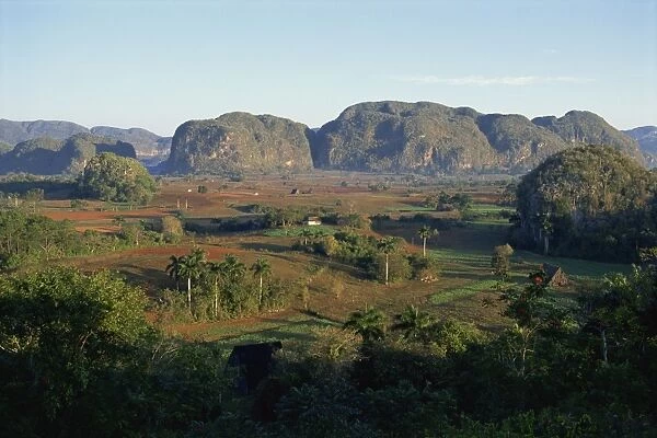 Landscape view of fields and trees in valley, with hills beyond, Vinales Valley