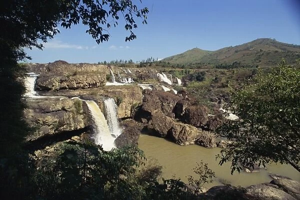 Landscape view of the Lien Khuong waterfall and rocks at Dalat