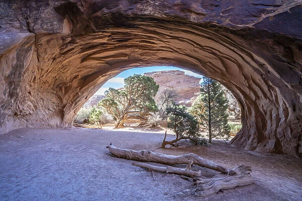Landscape view through Navajo Arch, Arches National Park, Utah, United States of America