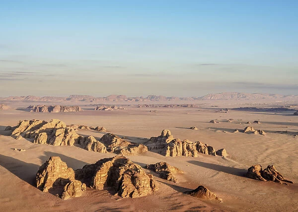 Landscape of Wadi Rum at sunrise, aerial view from a balloon, Aqaba Governorate, Jordan