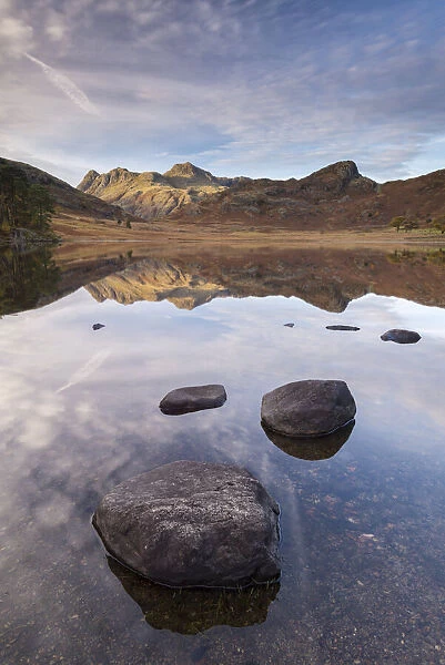 The Langdale Pikes mountains reflected in the mirror still water of Blea Tarn in autumn