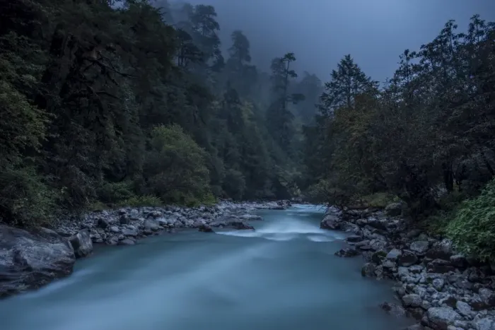 Framed Print : Langtang Khola near the little village of Riverside on a misty evening in the Langtang