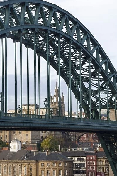 Lantern of the Cathedral Church of St. Nicholas, through the Tyne Bridge, Newcastle upon Tyne, Tyne and Wear, England, United Kingdom, Europe