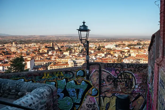 Framed Print : Lantern and street art walls in front of the skyline at sunrise, Granada, Andalusia, Spain Framed Print : Lantern and street art walls in front of the skyline at sunrise, Granada, Andalusia, Spain