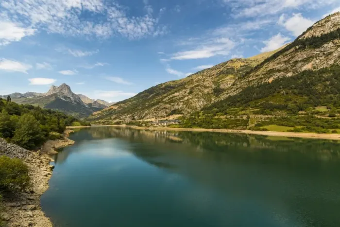 Framed Print : Lanuza lake and village and Pena Foratata peak in the scenic upper Tena Valley, Sallent de Gallego Framed Print : Lanuza lake and village and Pena Foratata peak in the scenic upper Tena Valley, Sallent de Gallego