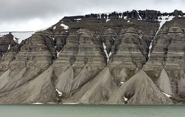 Large alluvial fans along wall of Tempelfjorden, Spitsbergen, Svalbard, Arctic, Norway