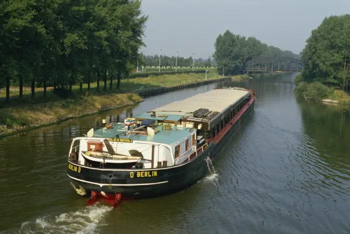 Framed Print : Large barge on canal in northern Germany Framed Print : Large barge on canal in northern Germany