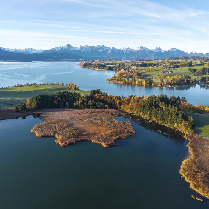 Framed Print : Large lake in autumn surroundings with the Alps in the distance under clear skies, Illasbergsee, Forggensee, near Roßhaupten, Ostallgäu, Allgäu, Swabia, Bavaria, Germany Framed Print : Large lake in autumn surroundings with the Alps in the distance under clear skies, Illasbergsee, Forggensee, near Roßhaupten, Ostallgäu, Allgäu, Swabia, Bavaria, Germany