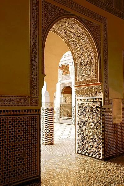 Large patio columns with azulejos decor, Islamo-Andalucian art, Marrakech Museum, Marrakech, Morocco, North Africa, Africa