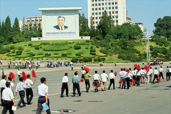 Large picture of Great Lerader and car-less people walking, Pyongyang, North Korea, Asia