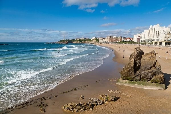 Large rock on the beach and seafront in Biarritz, Pyrenees Atlantiques, Aquitaine