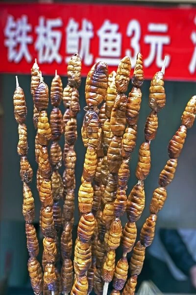 Larvae on skewers for sale at Dong Hua Men night market, Beijing, China, Asia
