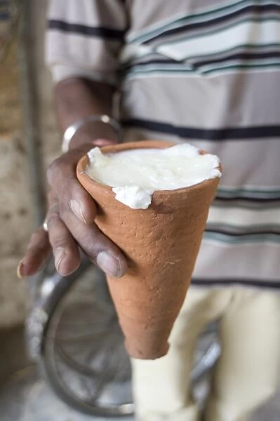 Lassi, Indian yoghourt drink, in disposable and recyclable terracotta cup from the Lassiwallah