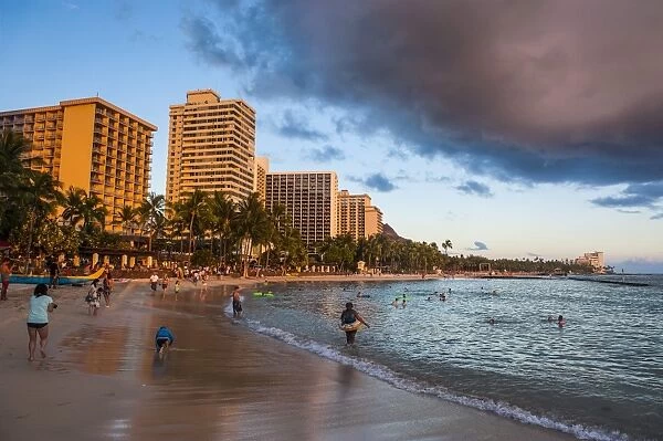 Late afternoon sun over the hotels on Waikiki Beach, Oahu, Hawaii, United States of America, Pacific