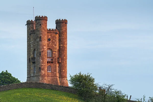 Late evening sunlight on Broadway Tower in the Cotswolds in spring, Gloucestershire