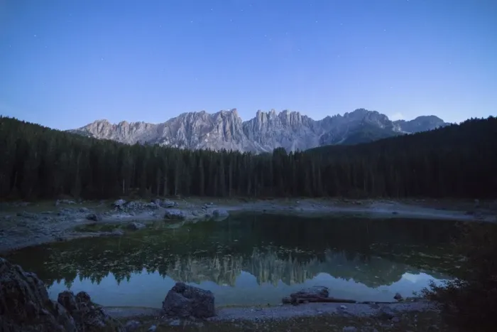 Framed Print : Latemar mountain range and woods are reflected in Lake Carezza at dusk, Ega Valley Framed Print : Latemar mountain range and woods are reflected in Lake Carezza at dusk, Ega Valley