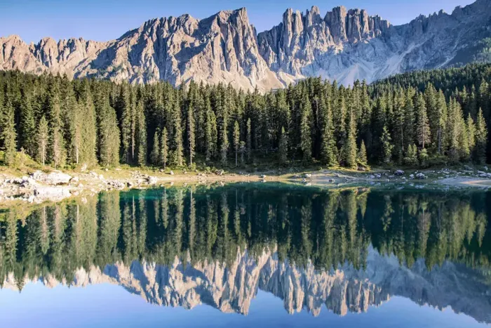 Framed Print : Latermar and larch forest reflected in the Carezza Lake at sunset, Carezza Framed Print : Latermar and larch forest reflected in the Carezza Lake at sunset, Carezza