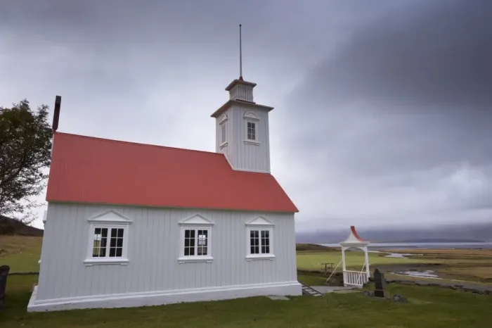 Framed Print : Laufas historic farmstead, the present church built in 1865, north of Akureyri Framed Print : Laufas historic farmstead, the present church built in 1865, north of Akureyri