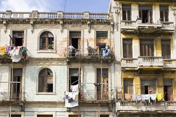 Laundry hanging from the balcony of buildings central Havana, Cuba, West Indies