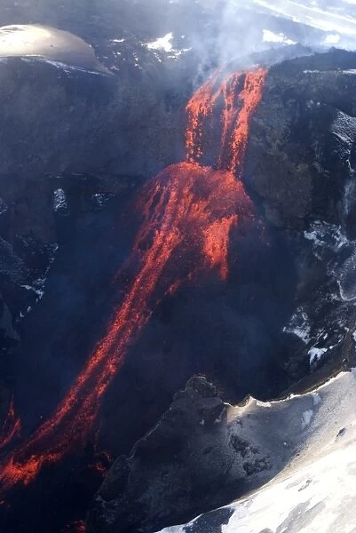 Lava flowing down mountain from Eyjafjallajokull volcano, Iceland, Polar Regions