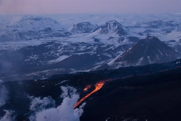 Lava flowing down mountain, Eyjafjallajokull volcano, Iceland, Polar Regions